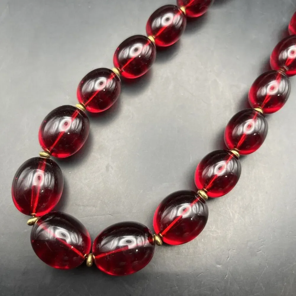 Vintage Monet Chunky Red Lucite Beaded Necklace Gold Tone Cherry Color Bold